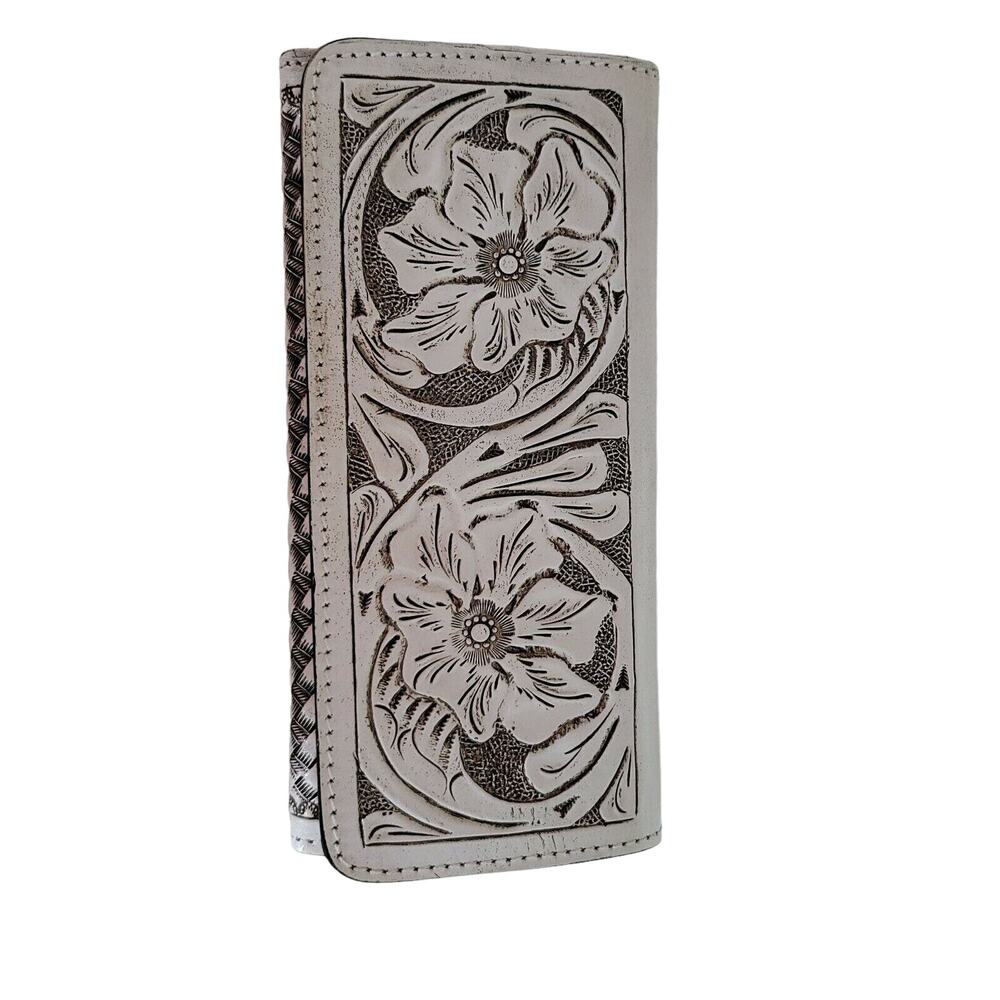 Hand tooled leather wallet trifold White 7 1/2"x 4" BOHO Chic Mexican Artisan